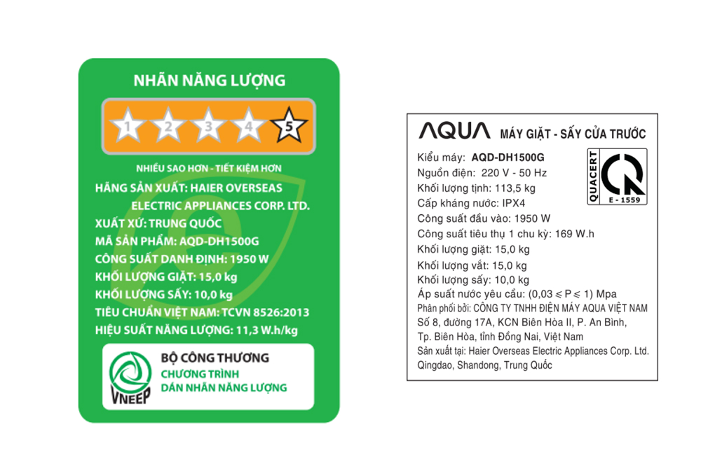 Máy giặt sấy Aqua Inverter giặt 15 kg - sấy 10 kg AQD-DH1500G PP